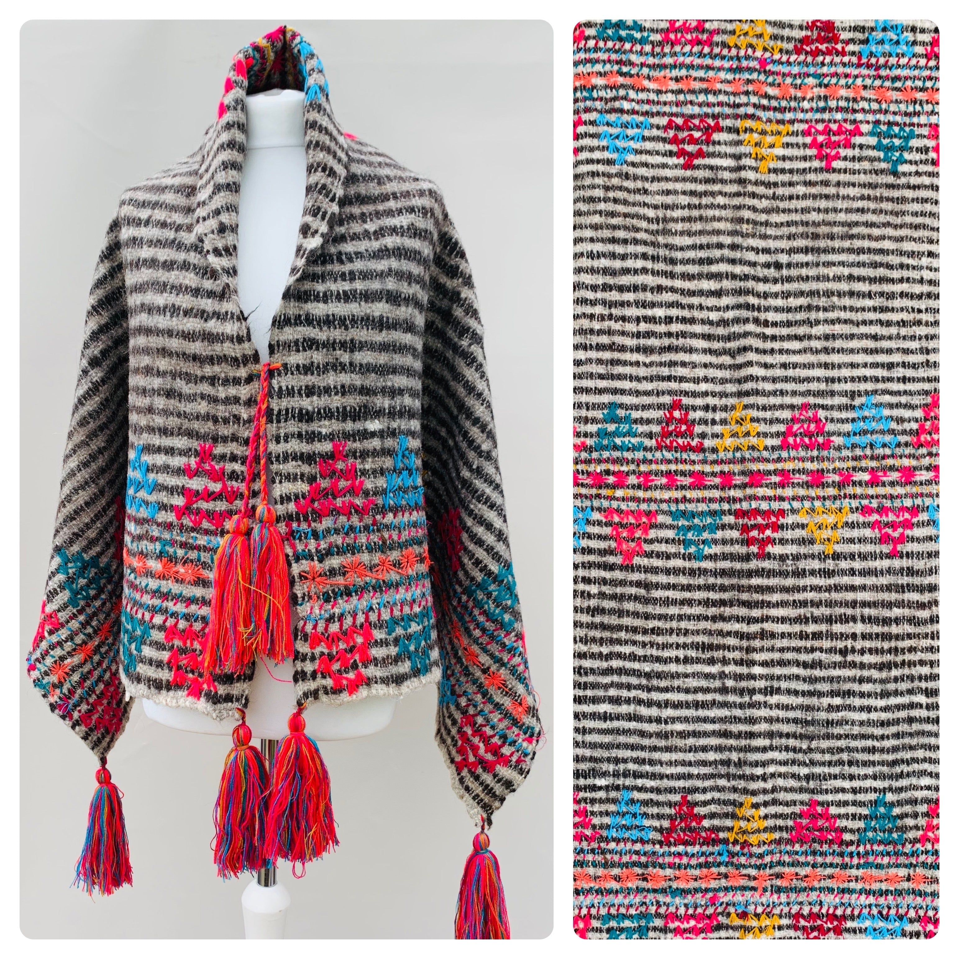 50% OFF - Hand Made 100% Mexican Wool Poncho PomCho Cape Shawl